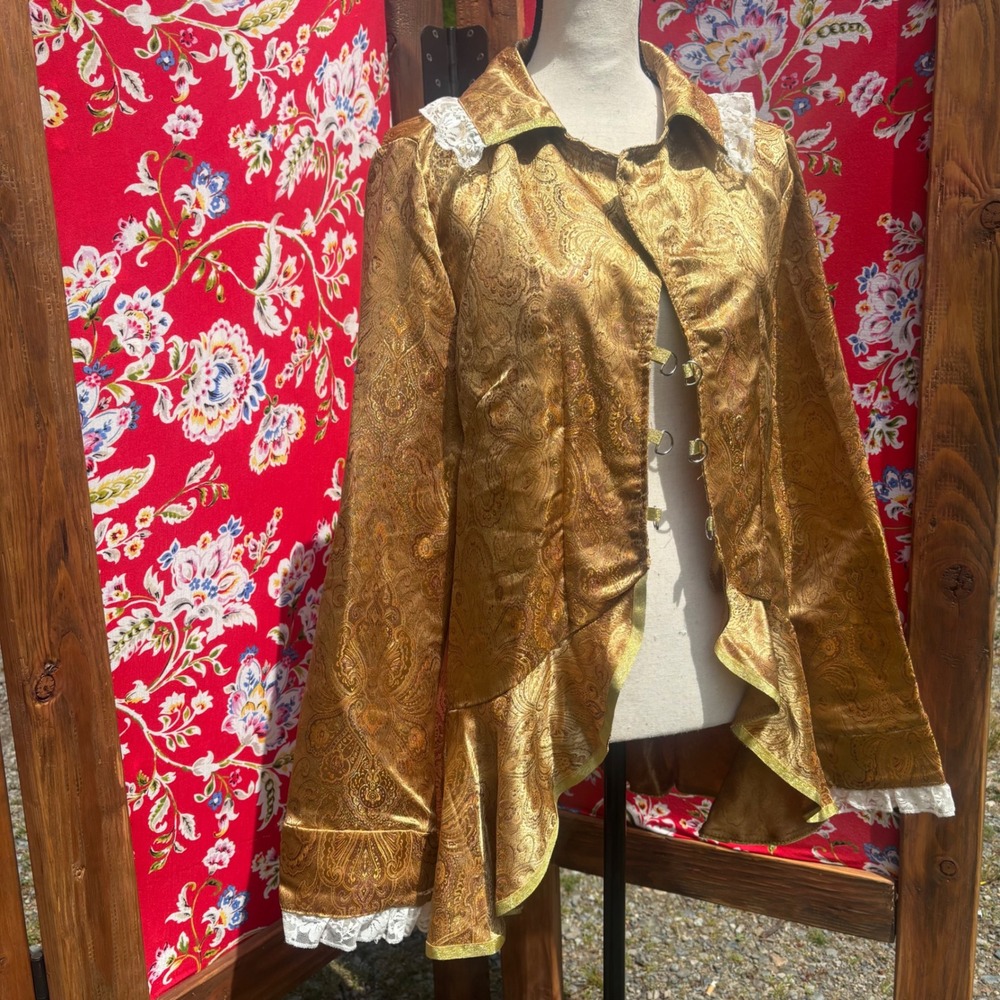Gold Paisley Lace Trim Regency Royalcore Renfair Pirate Ruffled Jacket Size L